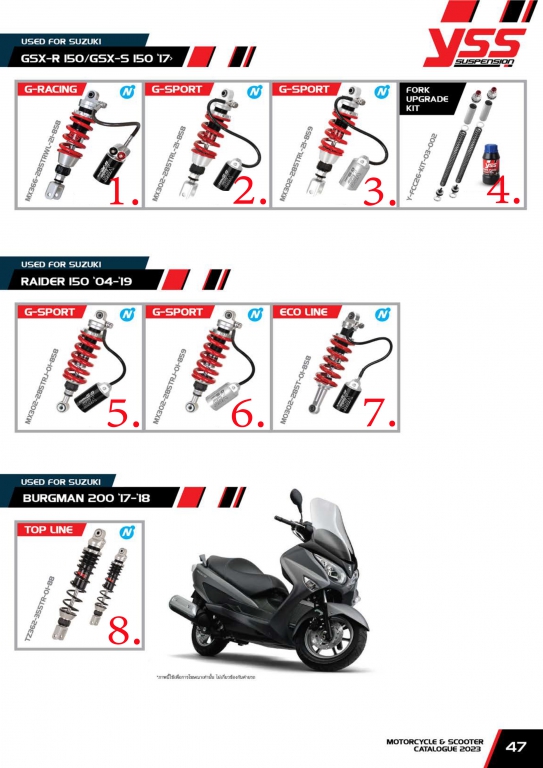 โช๊ค YSS USED FOR SUZUKI  GSX-R 150 / GSX-S 150 17 / RAIDER 150 04-19 / BURGMAN 200 17-18