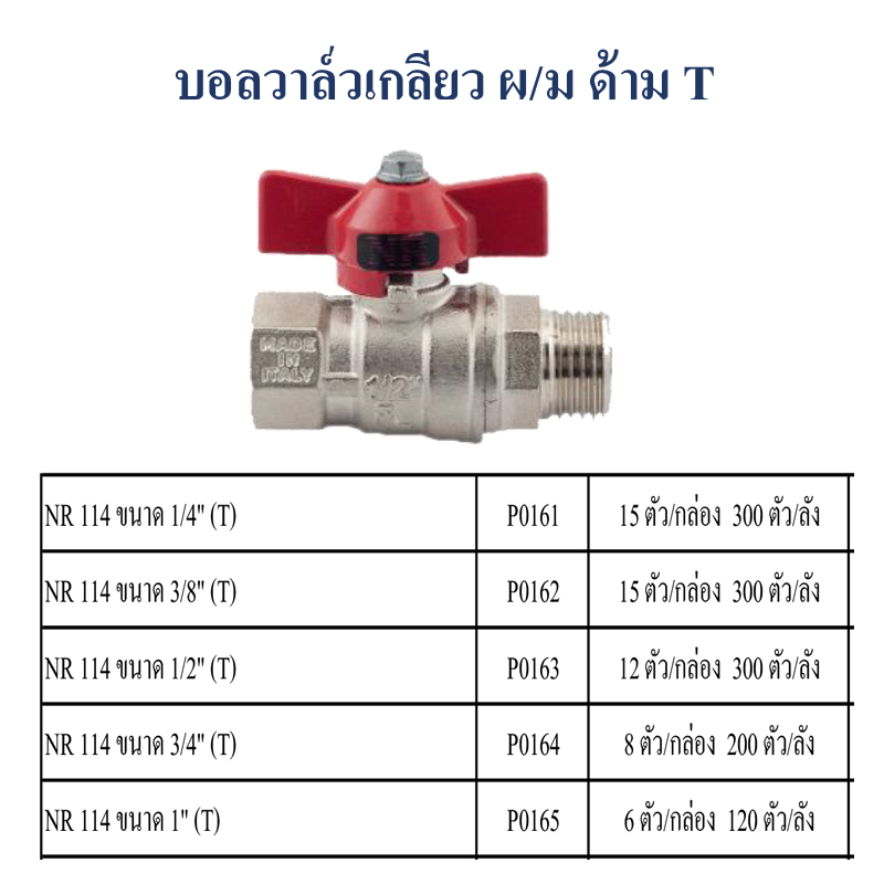 บอลวาล์วเกลียว ผ/ม ด้ามT มีหลายขนาด ราคาขายต่อกล่อง สินค้าได้ตามรูป