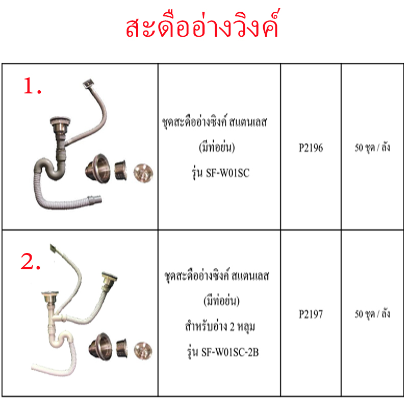 ชุดสะดืออ่างซิงค์สแตนเลสมีท่อย่น มี2แบบ ราคาขายต่อลัง สินค้าได้ตามภาพ