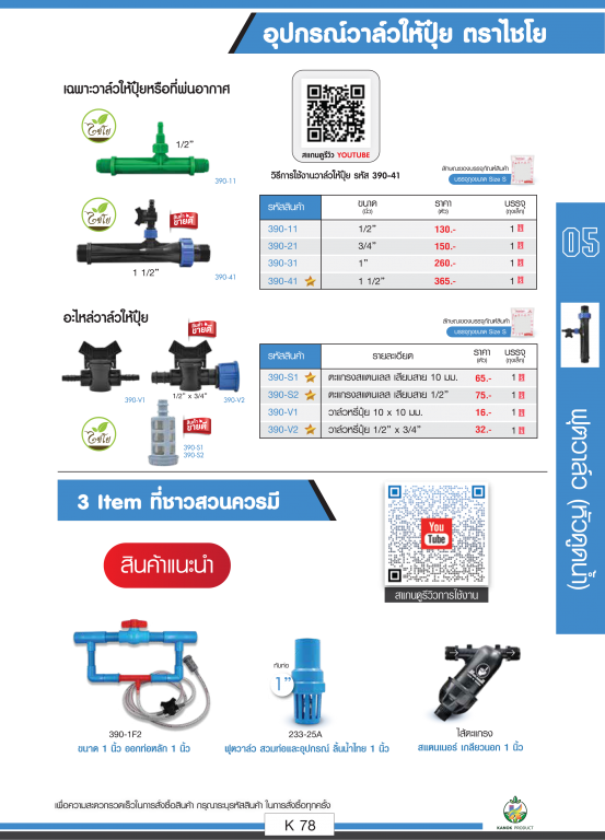 อุปกรณ์วาล์วให้ปุ๋ย ตราไชโยนิ้วเพรช รายละเอียดสินค้าตามภาพ