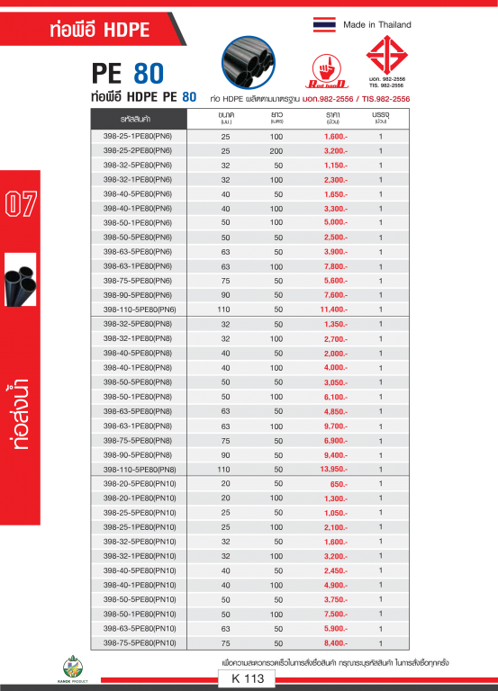 ท่อ PE HDPE ตราไชโยนิ้วเพรช รายละเอียดสินค้าตามภาพ