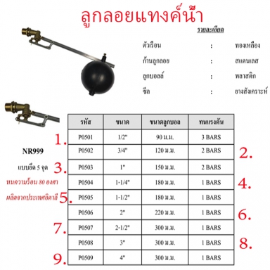 ลูกลอยแทงค์น้ำ มี9ขนาด ราคาขายต่อชุด สินค้าได้ตามภาพ