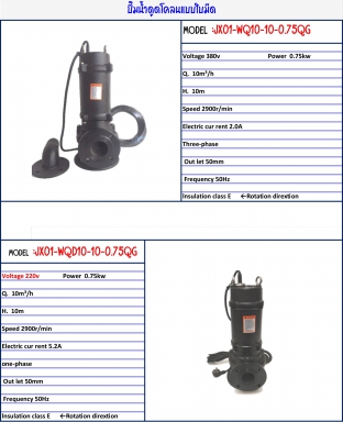 ปั๊มน้ำดูดโคลนแบบใบมีด Model :JX01-WQD10-10-0.75QG สินค้าได้ตามรูป