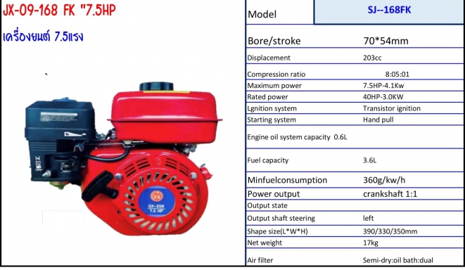 เครื่องยนต์ 7.5 แรง Model JX-09-168 FK “7.5HP รายละเอียดตามภาพ